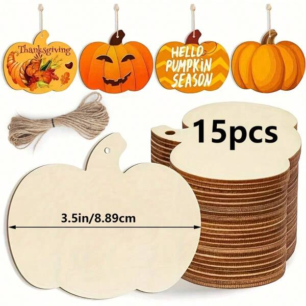 15/30pcs Wooden Mini Pumpkin Decor With 10m Jute Rope - Autumn Harvest Festival Thanksgiving Garden Farm Decoration Craft Supplies Halloween