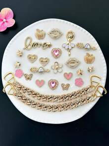 25pcs Gantungan Sepatu Balet Wanita Warna Rose Gold, Rantai Hati, Bibir, Apel, dan Apel, Aksesoris Gesper Sepatu Paduan Logam DIY - Emas - View 4