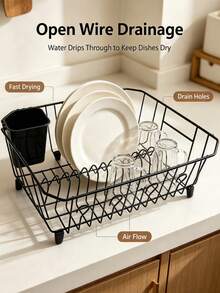 Kitchen Sink Countertop Dish Drying Rack, Dish Drain Basket, Dish Organizer With Utensil Basket, Stable Anti‑Slip Support Structure, Large‑Capacity Kitchen Tableware Storage Rack, Bowl & Plate Holder For Kitchen Counter - Black - View 8