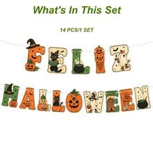 1 Set Halloween Letter Banner, Vintage Black Cat Pumpkin Ghost Paper Hanging Flags, Spanish Halloween Party Decorations - Green Pumpkin - View 3
