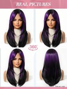 Topshe 20 Inch Black With Purple Highlights Straight Layered Wig, Face-Framing Curtain Bangs, Synthetic Hair, Natural Silky Straight Texture, Heat-Resistant Fiber, Adjustable Breathable Wig Cap, Avant-Garde Deep Purple Highlights Wig, Suitable For Gothic Style Cosplay And Party Looks - Purple - View 9