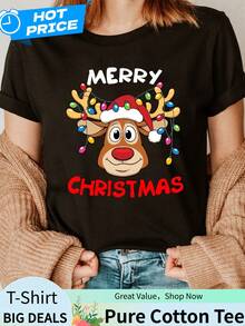 Directional Y Reindeer Christmas Lights Print T-Shirt, Short-Sleeved Crew Neck Casual Top Suitable For Summer And Spring, Women'S Apparel - Black - View 1