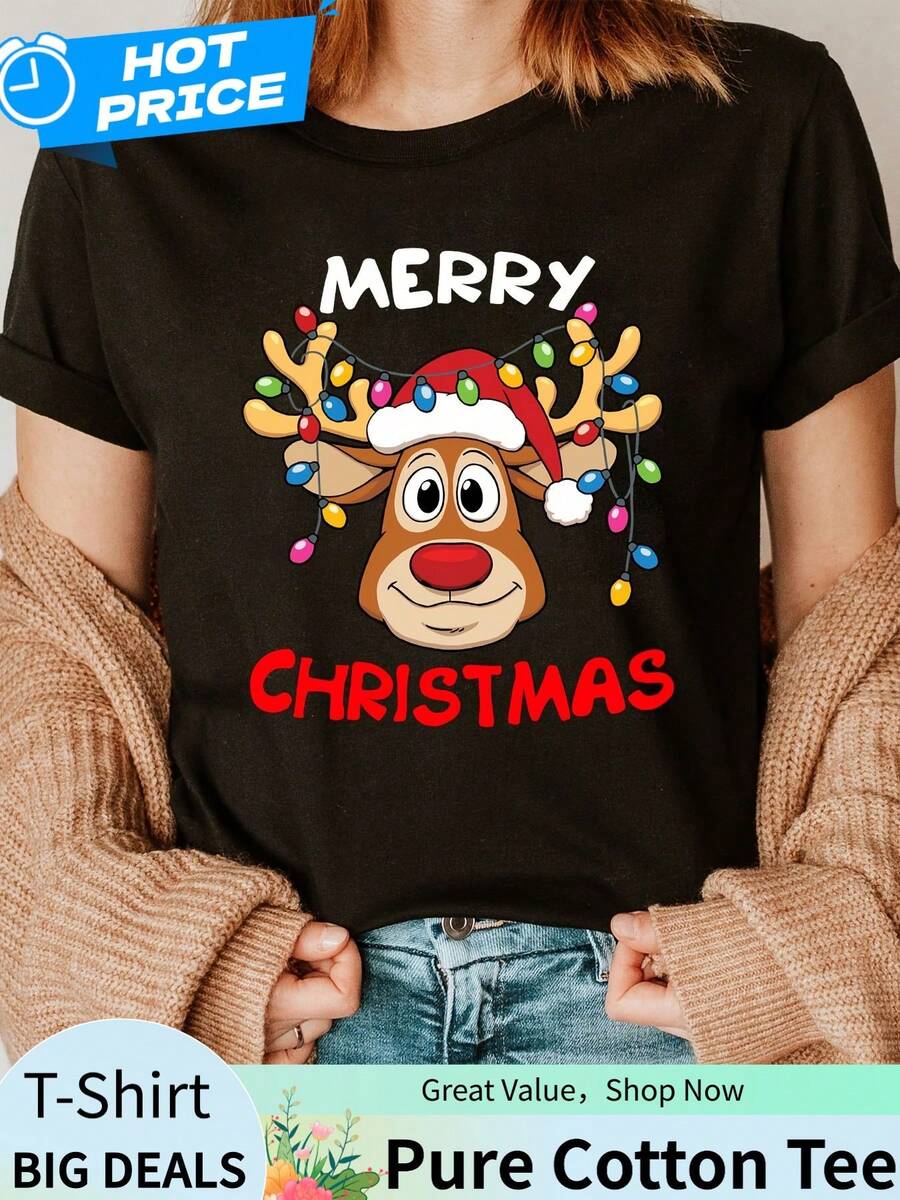 Directional Y Reindeer Christmas Lights Print T-Shirt, Short-Sleeved Crew Neck Casual Top Suitable For Summer And Spring, Women'S Apparel - Black - View 1