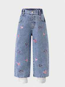 Girls Pink Heart Embroidered Washed Elastic Waist Straight Leg Wide Leg Denim Jeans Suitable For Autumn Daily Wear - Light Wash - View 1