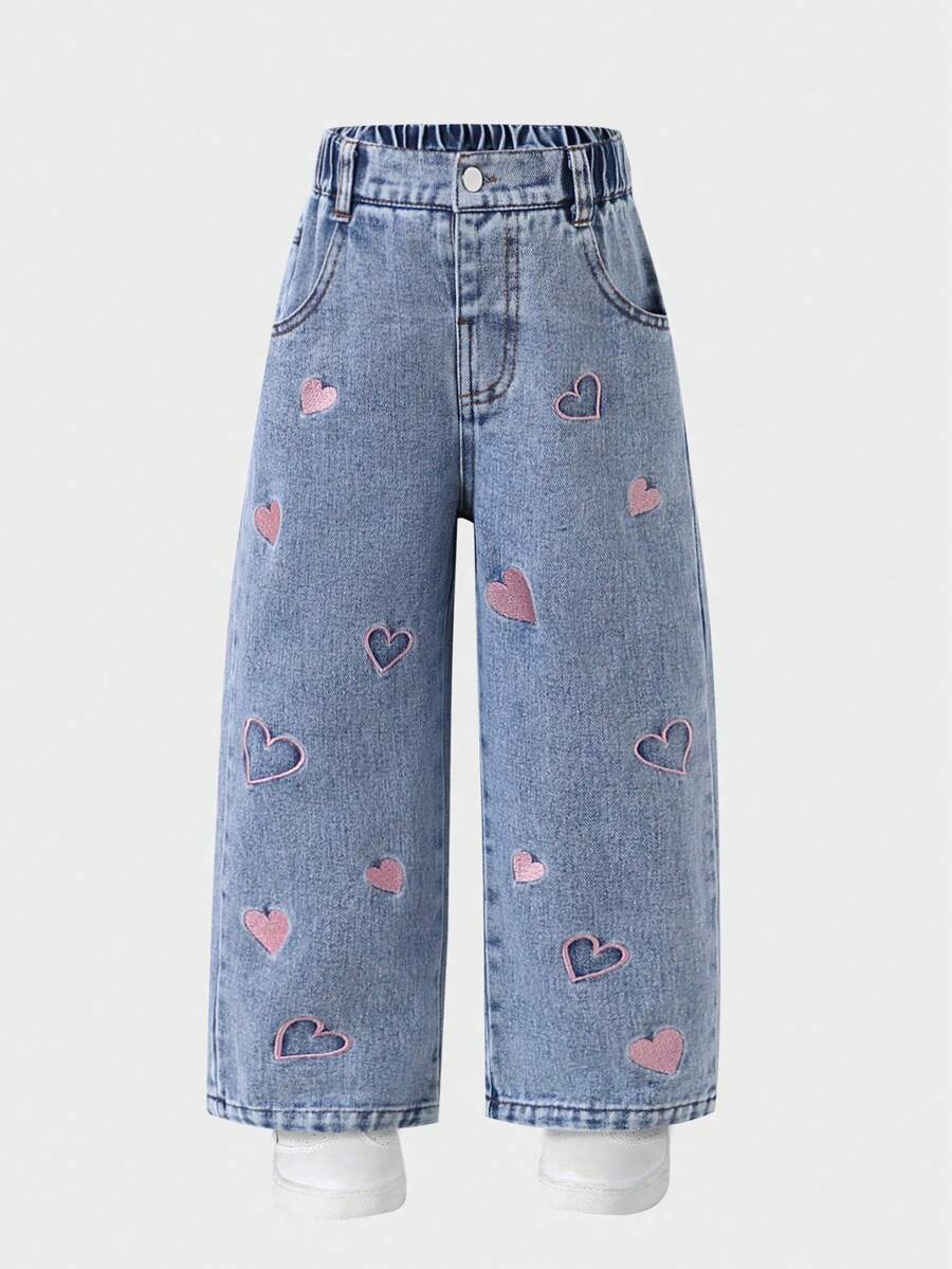Girls Pink Heart Embroidered Washed Elastic Waist Straight Leg Wide Leg Denim Jeans Suitable For Autumn Daily Wear - Light Wash - View 1
