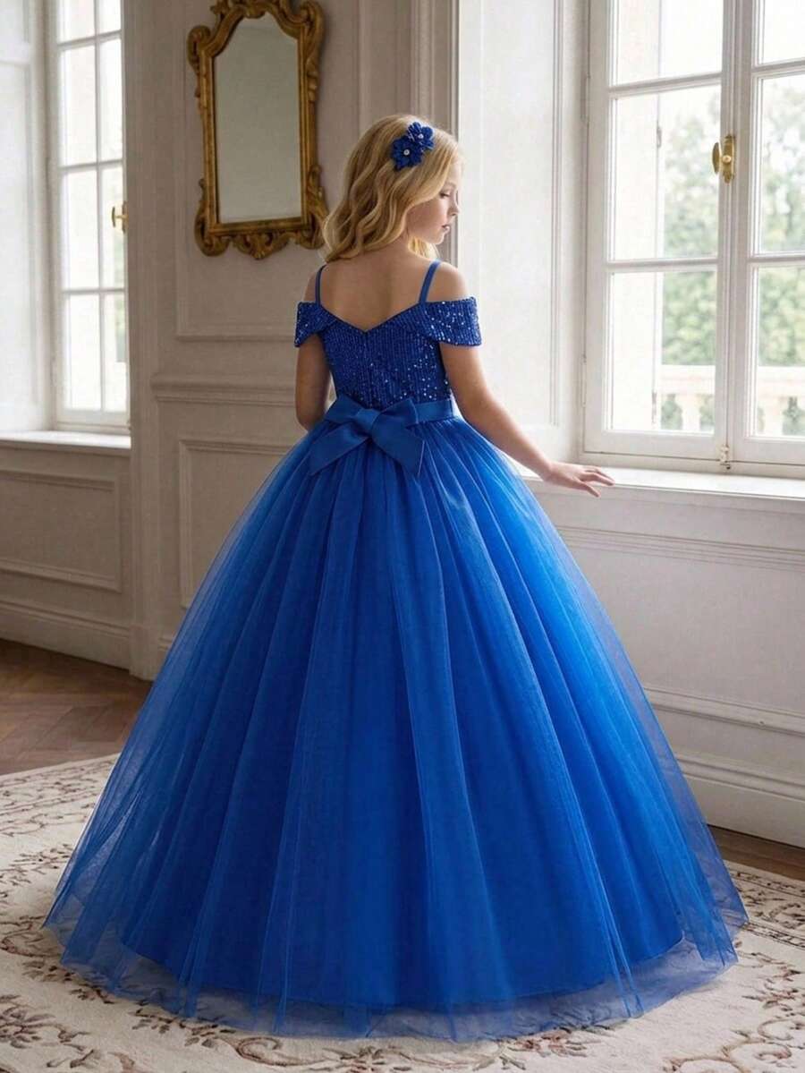 Tween Girl Long Sequin Mesh Off-Shoulder Elegant Party Dress Suitable For Evening Events, Headband Not Included - Blue - View 1