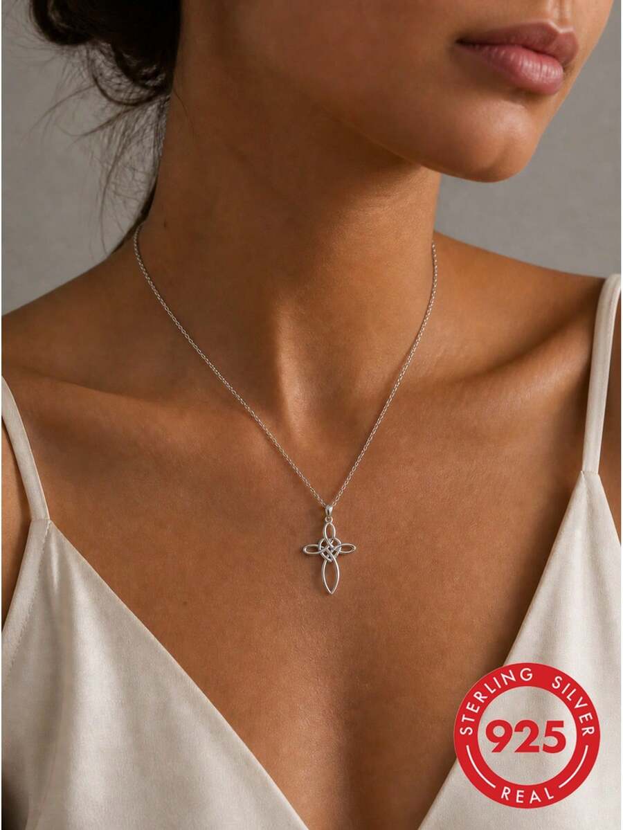 lunastudio 1pc 925 Sterling Silver Celtic Knot Necklace For Women Daily Wear - Silver - View 1