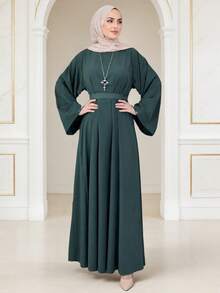 Solid Green Round Neck Bell Sleeve Waist-Cinched Dress, Draping Lightweight Floor-Length Gown, Suitable For Vacation And Year-Round Daily Wear - Green - View 2