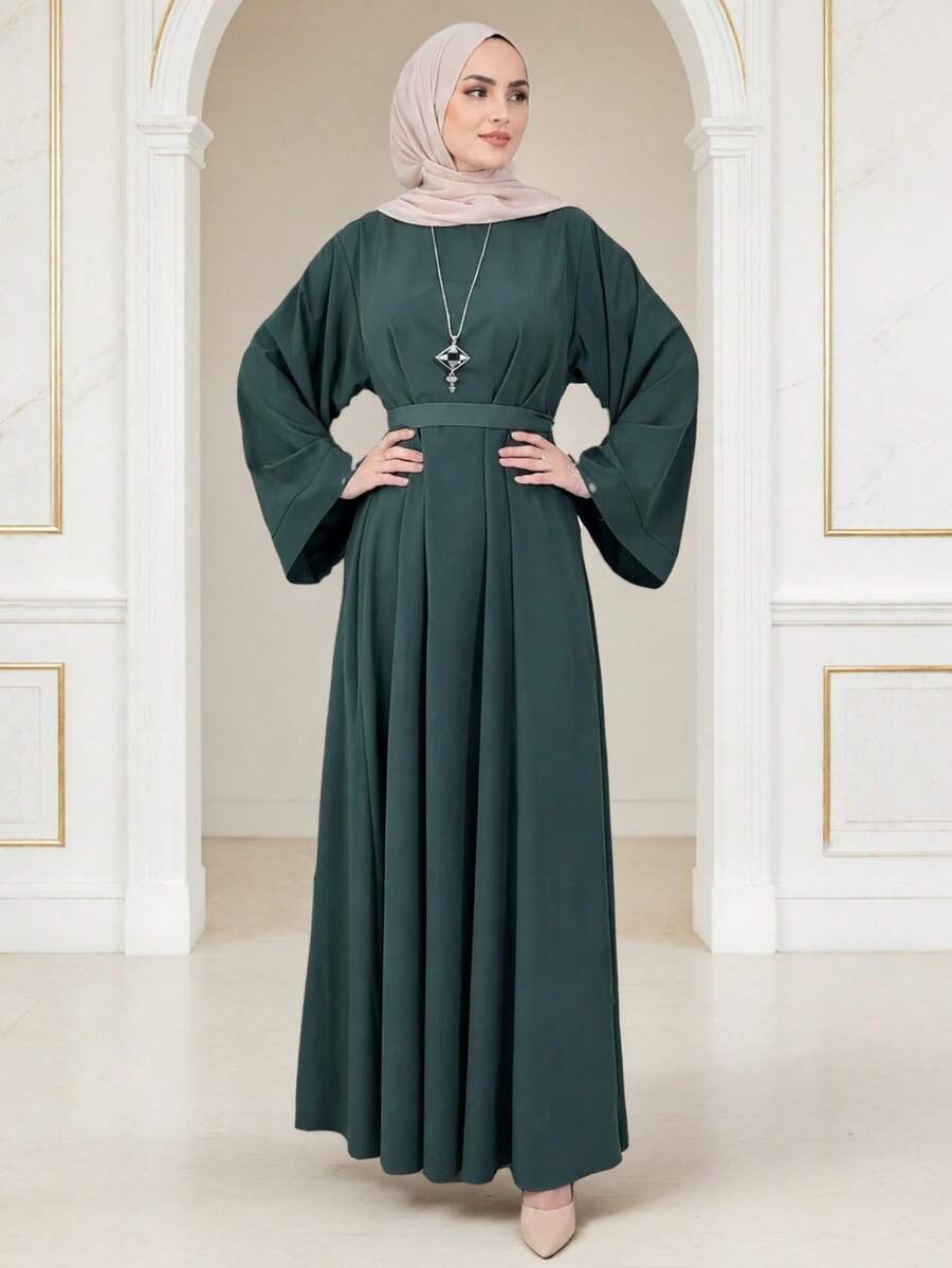 Solid Green Round Neck Bell Sleeve Waist-Cinched Dress, Draping Lightweight Floor-Length Gown, Suitable For Vacation And Year-Round Daily Wear