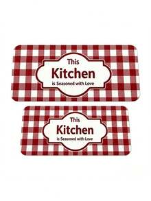 Red Buffalo Plaid Kitchen Mat, Printed With "This Kitchen Is Seasoned With Love" Letter Pattern, Non-Slip Washable Kitchen Rug Set, Farmhouse Style Sink Laundry Room Floor Carpet - Red and White Checkered Kitchen Slogan - View 9