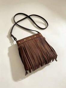 Women's Coffee Brown Exquisite Small Faux Suede Crossbody Bag, Tassel Style With Rivet Star Inlay, College Style Phone Bag, Suitable For Shopping - Coffee Brown - View 9