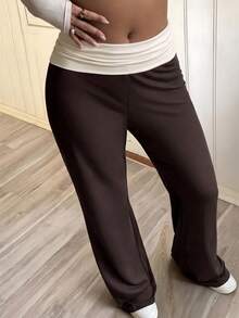 SCARLUX Summer & Autumn Y2K Women's Solid Brown Flare Pants, Folded Low Waist Casual Long Pants, Suitable For Back To School Streetwear - Brown - View 5