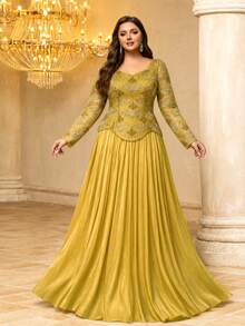 UNITHORSE[Random Cut]Sweetheart Neckline Long Sleeve Sequin Patchwork Faux Silk Evening Dress - Yellow - View 4