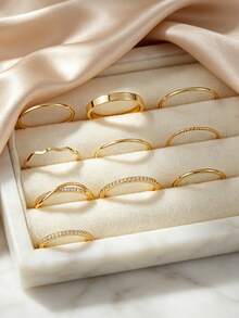 10pcs Cubic Zirconia Inlaid Minimalist Fashion Ring Set, Suitable For Women's Daily Wear, Dating, Layering And Matching - Yellow Gold - View 3