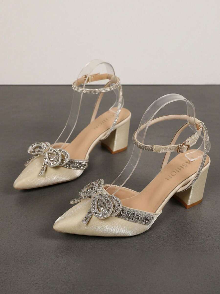 Rhinestone Bow Ankle Strap Backless Pumps, Plus Size Women's Pointed Toe Chunky Heel Party High Heels - Gold - View 1