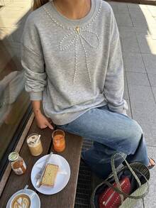 Women's Fashion Grey Hooded Pullover Sweatshirt With Wavy Trim And Drawstring - Grey - View 2