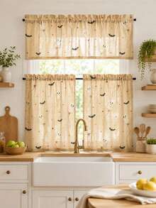 NOSBEI 2PCS Grommet Panels + 3PCS Rod Pocket Kitchen Set, Cute Halloween Ghost And Bat Faux Linen Curtains, Light Filtering, Playful Spooky Fall Window Decor - Multicolor - View 18