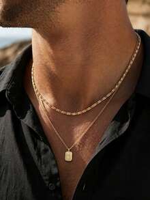 2pcs Men's Minimalist Street Style Metal Necklace, North Star Pendant, Casual Daily Neck Accessory - Gold - View 2