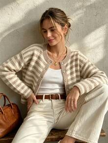 Women's Round Neck Contrast Color Striped Button Soft Casual Fashion Versatile Knit Long Sleeve Cardigan Sweater, Daily Vintage Street Style - Multicolor - View 7