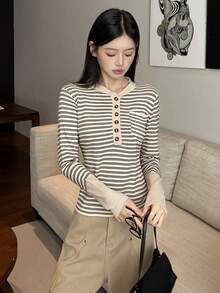 Women's Colorblock Striped Long Sleeve T-Shirt, Half-Neck, Slim Fit, Patchwork Design, Autumn Top, Random Cut - Apricot - View 2