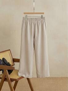 Men Plus Size Autumn Long Sleeve Wide Leg Pants, Solid Color Drawstring Design Casual - Beige - View 3