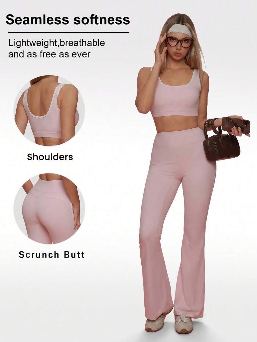 Color Block Set, Color Block Sleeveless Top (With Removable Pads) / Color Block Bustier Camisole / Convertible Top, Ladies 2 Pieces Elegant Set Sports - Pink - View 1