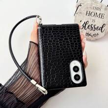 Luxury Classics Black Crocodile Pattern Phone Case With Protable Strap Compatible With Samsung ZFold 8 Wide, Folding Flip Phone Case, Unisex Drop-Proof Protective Case - Black - View 2