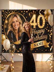 1pc - Customized Birthday Celebration Backdrop, Customized Blue & Gold Theme Printed Poster - Personalized Gold & Colorful Confetti And Star Decorations, Suitable For Celebration Party, Birthday Gathering, Home Decor Background, Customizable Anniversary, Personalized Birthday Party, Customized Photo And Name Poster - Multicolor - View 4