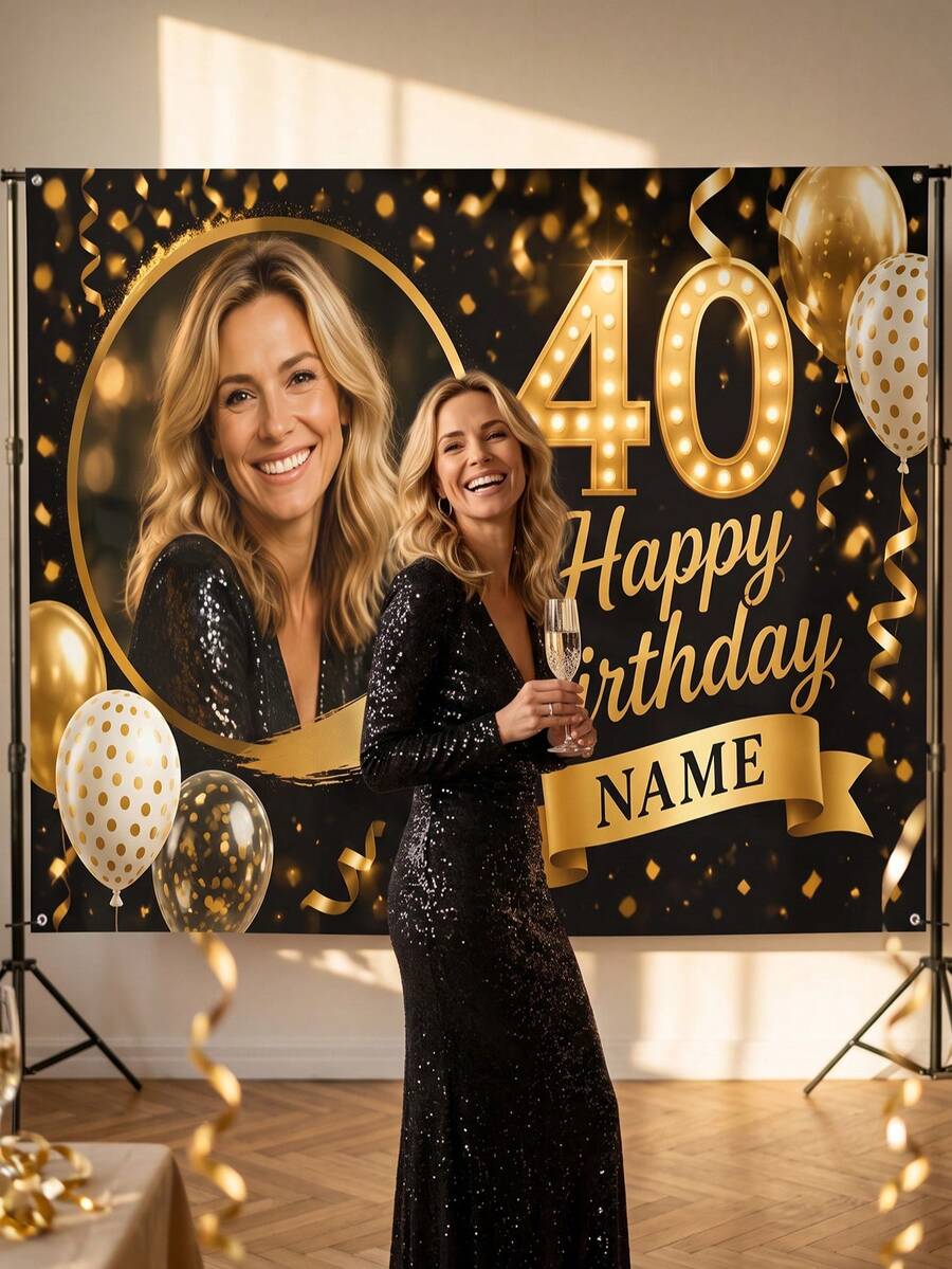 1pc - Customized Birthday Celebration Backdrop, Customized Blue & Gold Theme Printed Poster - Personalized Gold & Colorful Confetti And Star Decorations, Suitable For Celebration Party, Birthday Gathering, Home Decor Background, Customizable Anniversary, Personalized Birthday Party, Customized Photo And Name Poster