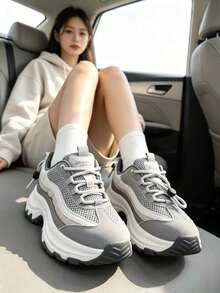 2026 Autumn/Winter New Chunky Sneakers, Thick Sole, Fashionable, Beautiful, Commuting, Outdoor, Travel, Campus, Versatile Lace-Up Gym - Grey - View 10
