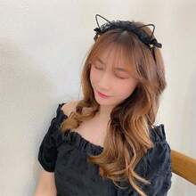2PCS Halloween Cartoon Lace Cat Ear Headband Cute Sexy Hollow Rabbit Ear Women's Hair Clip Bell Headband - Multicolor - View 2