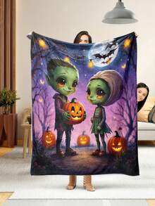1pc Soft & Comfortable Halloween Flannel Blanket, 2D Printed Blanket For Office Nap, Sofa And Bed Decor, Outdoor Camping Leisure Blanket, Suitable As Gift For Family And Friends - Multicolor - View 9