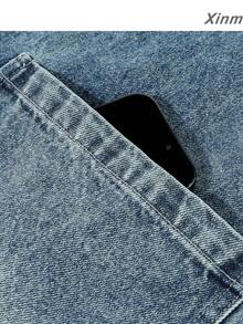 Distressed Vintage Ripped Leather Collar Denim Effect Jacket For Travel, Casual And Vacation - Royal Blue - View 5