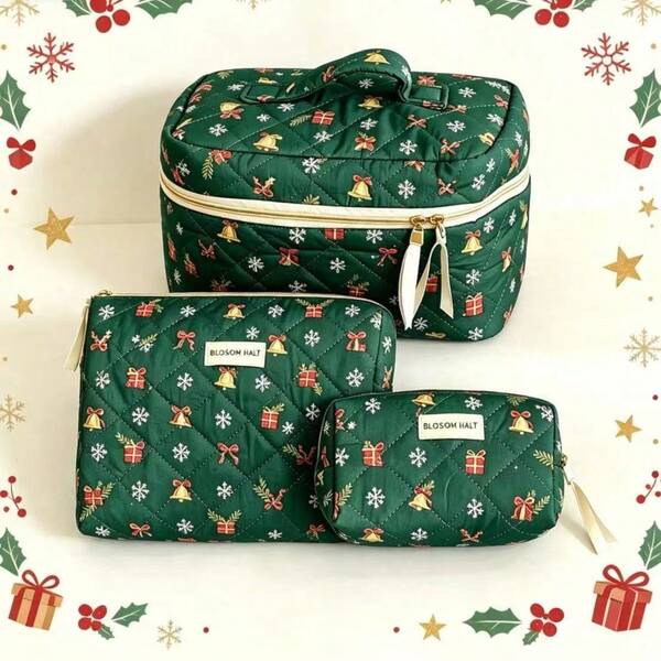 Christmas Style Quilted Makeup Bag 3-Piece Set, Large Capacity Portable Travel Storage Bag, Vintage Dark Green Holiday Print, Bell Gift Snowflake Pattern, Soft Padded Quilted Craftsmanship. Multi-Size Combination, Can Store Skincare, Makeup, Jewelry, Large Tote Bag Suitable For Short Trips, Small Bag For Lipstick Storage, Practical For Business Travel And Tourism, High-Value Holiday Gift Box, Perfect For Best Friend And Girlfriend, Durable And Stain-Resistant For Home And Travel Use.