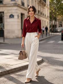 High Waist Wide Leg Casual Suit Pants - Front Pleated Flowy Long Pants Women's Slim Fit Draped Long Pants White - White - View 4