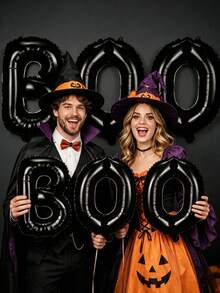 3pcs/Set 16-Inch Halloween "BOO" Letter Foil Balloons, Matte Black Foil Letter Balloon Garland, Spooky Halloween Wall Decor, Gothic Haunted House Adult Party Decorations, Home, Bar Halloween Photo Backdrop Props - Halloween BOO - View 1