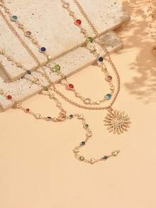 3pcs/Set Luxury Ins Style Sun Pendant Decoration Colorful Rhinestone Y-Shaped Necklace Gold Color Women's Neck Jewelry Suitable For Daily Wear, Summer Vacation, Dating And Party, Chain Length Cut By Segment And Not Fixed, Colorful Rhinestone Color Arrangement Is Random And Not Fixed - Multicolor - View 3