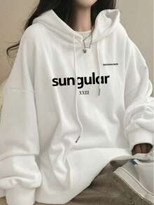 Women's Hooded Sweatshirt, Autumn/Winter New Letter Print, Drawstring Design, With Pockets, Casual Versatile Loose Fit Top, Fashionable Daily Wear - White - View 7