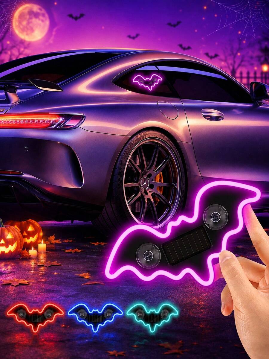 2026 Halloween New Bat Solar Powered Car Atmosphere Light Designed For Women Car Owners. Features 3.7V+300mAh Battery, Bat-Shaped Neon Light Window Decoration And Automatic Sensing Design. Provides 5 Lighting Modes, Creating Romantic Car Interior Decor For Couples And Women Drivers. Perfect Gift For Female Friends, Mother's Day And Wedding Season.