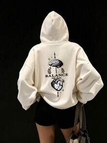Women's Drawstring Pocket Sweatshirt, Leopard Print Bird & Letter Graphic Print On Chest, Soft Fabric, Loose Fit Casual Sweatshirt For Autumn/Winter - Apricot - View 5