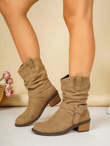 Women's Faux Suede Mid-Calf Ankle Boots With Buckle Chunky Heel Western Style Ruched Stacked Boots For Commuting - Khaki - View 6