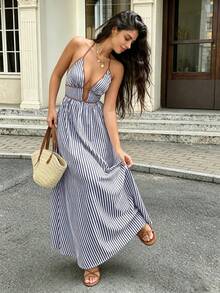 Summer Vacation Style Deep V-Neck Striped Halter Backless Dress - Royal Blue - View 3
