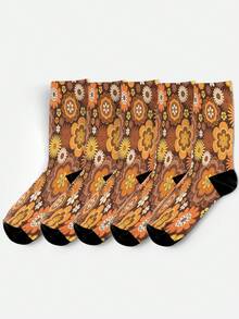 Cool 360° Printed Men's Socks - Streetwear Socks,Sunflower Daisy,Retro Floral,Rustic Style,Colorful,Funny Socks, Fit Daily, Holiday & Party Occasions - Brown - View 4