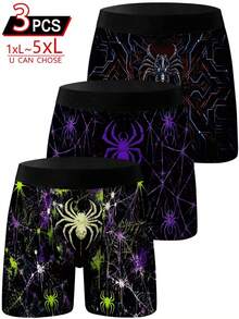 3pcs Men's Funny Shorts, Cyber Splatter Spider Geometric Web Print Underwear, Loose Casual Plus Size Men's Boxer Briefs - Multicolor - View 1