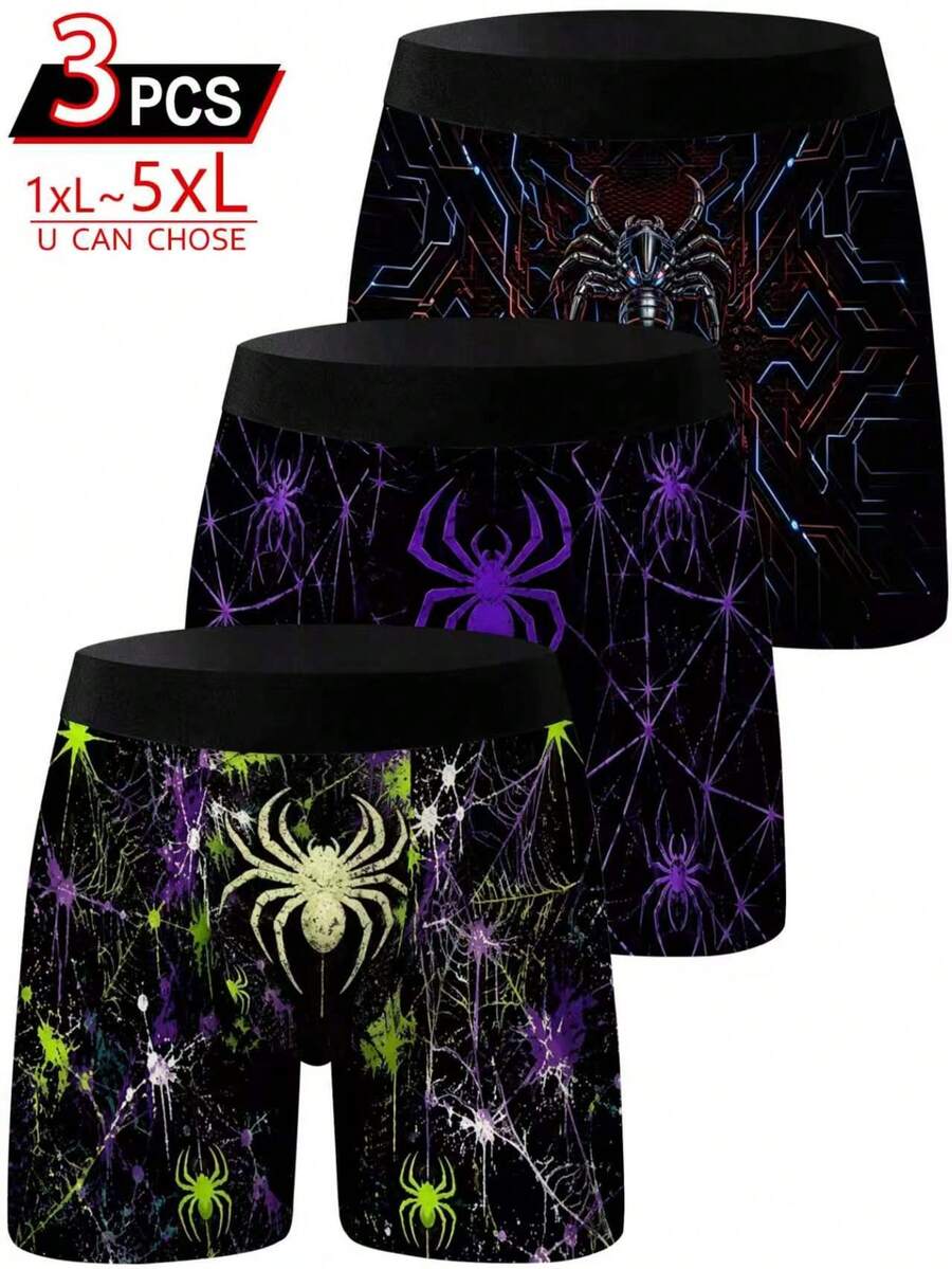 3pcs Men's Funny Shorts, Cyber Splatter Spider Geometric Web Print Underwear, Loose Casual Plus Size Men's Boxer Briefs - Multicolor - View 1