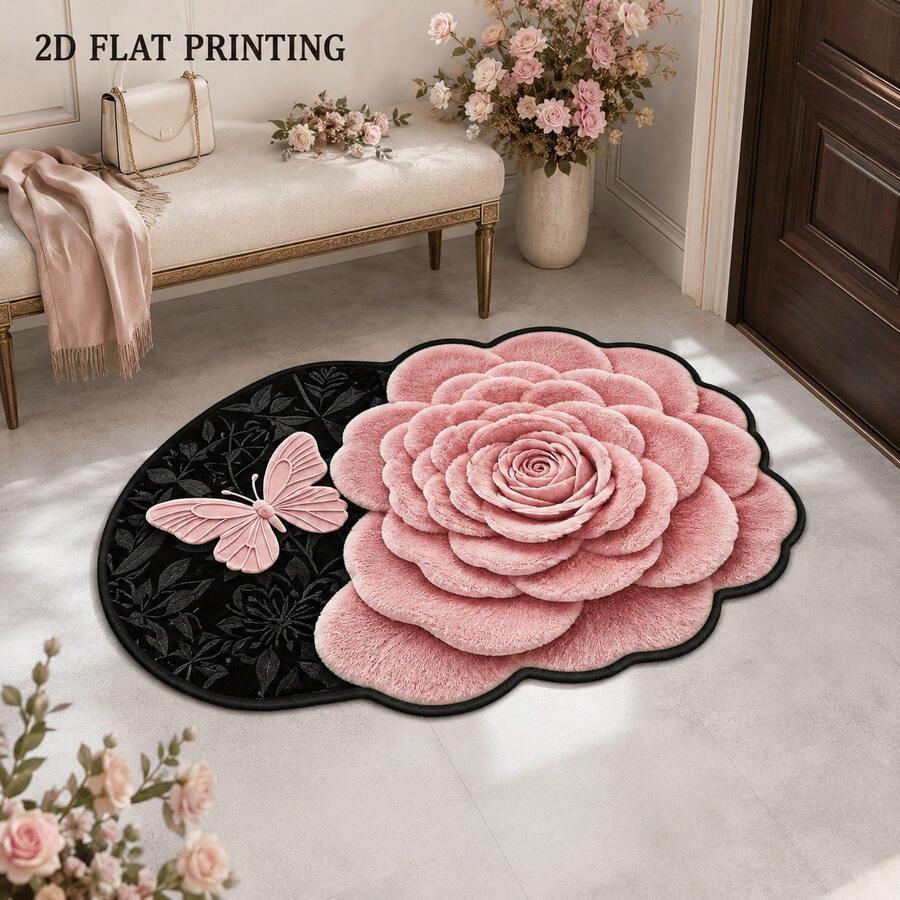 1pc Pink Butterfly Black Floral Bathroom Mat, Suitable For Doorway, Bathroom, Bedroom, Kitchen, Home Decor, Valentine's Day Gift, Hand-Cut With 1-5cm Error, Kitchen Decor, Bathroom Mat, Bathroom Rug, Door Mat, Small Rug, Carpet, Floor Mat, Home Decor, Area Rug, Outdoor Mat, Home Decor, Bedroom Rug, Machine Washable