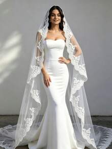 Upgraded Exquisite Comfort Style: Elegant Vintage Lace Bridal Veil, With Lace Ruffle Train, Suitable For Vienna Cathedral And Church Weddings, Halloween - Multicolor - - View 6