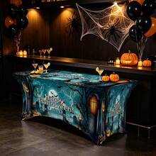 1pc Cartoon Happy Halloween Slogan Print High Elasticity Tablecloth With Elastic Band Full Edge - Stretchable Fit, Washable And Reusable Table Cover Suitable For Dining Table, Buffet Table, Dessert Table, Banquet, Holiday Party Decoration, Halloween, Birthday, Wedding - Suitable For Kitchen Use - Multicolor - View 4