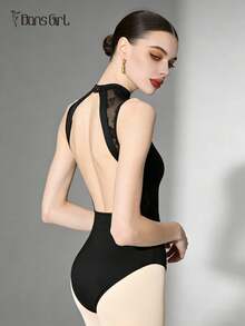 DonsGirl 1pc Women's Mesh & Lace Patchwork Ballet Leotard, Elegant Stand Collar Backless Bodysuit Black Fall - Black - View 10