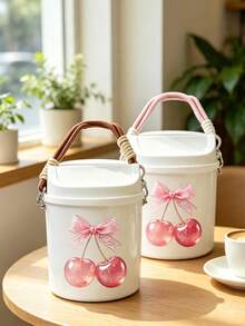Cute Bowknot Cherry Print Swing Lid Car Trash Can, , Detachable Hanging Rope,Multifunctional Desktop Sundry Storage Bucket, Makeup Brush Holder, Car Interior Decor, Back To School Holiday Gift - A - View 8